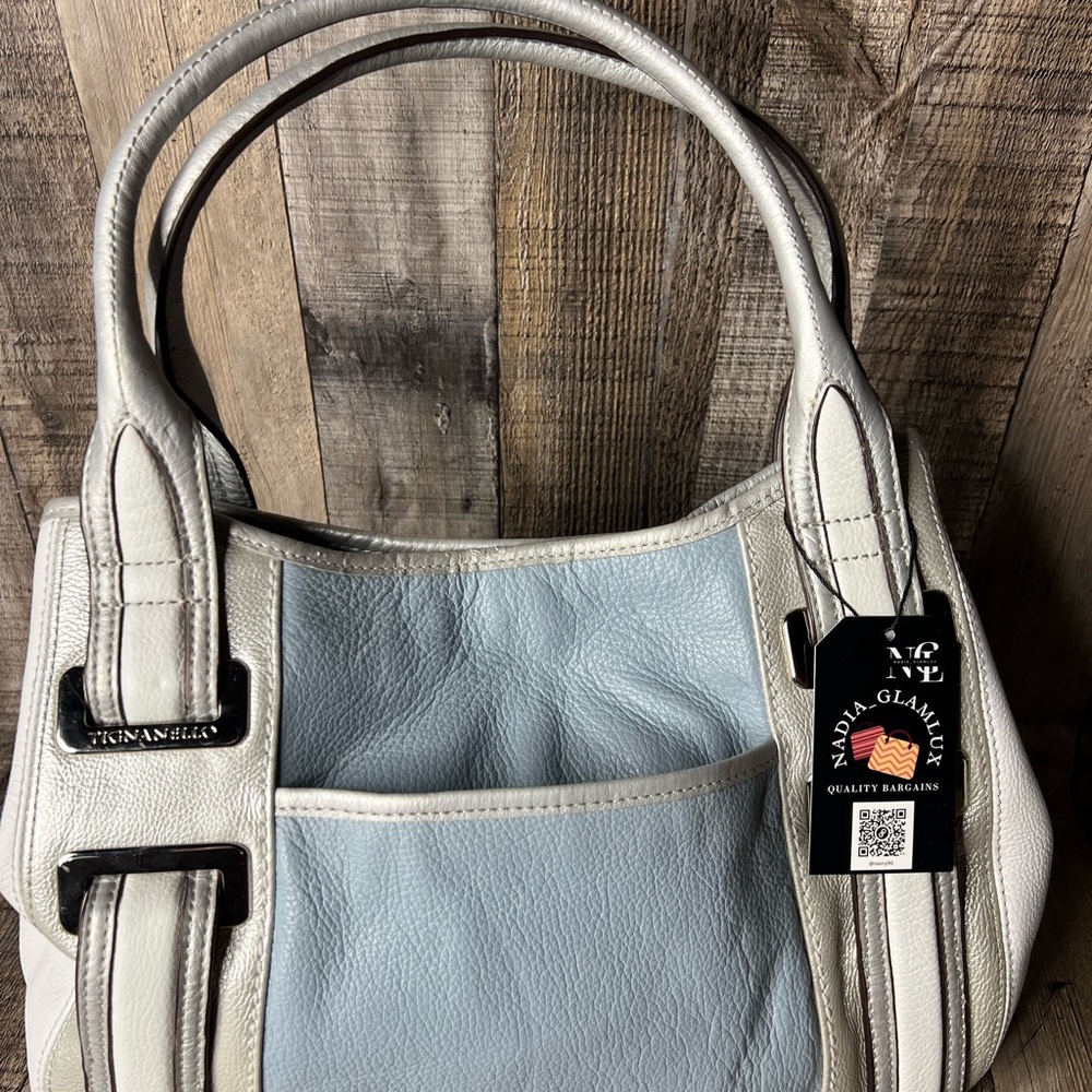 TIGNANELLO Silver Blue Colorblock Leather Satchel Shoulder Bag Belt Accents - Picture 2 of 16